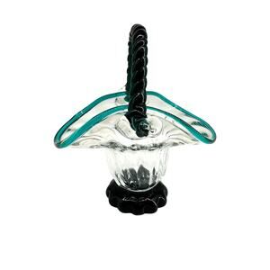 Vintage Hand Blown Art Glass Basket Teal Blue Rim Rope Handle Murano Style